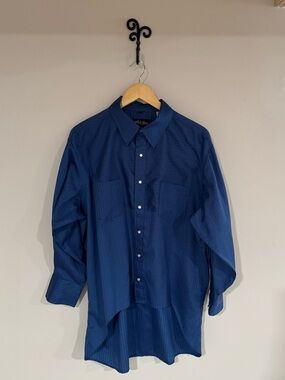 Vintage White Horse Long-Sleeve Navy Button-Down Shirt with Front Pockets - XL